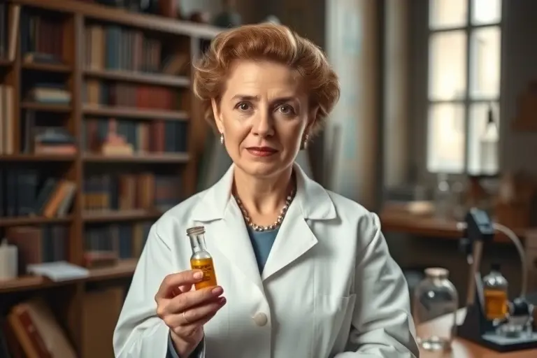 Marie Skłodowska-Curie in a quiet academic setting at the Sorbonne, wearing a laboratory coat, holding a small vial of radium, with bookshelves and scientific instruments in the background, soft natural light, historical atmosphere