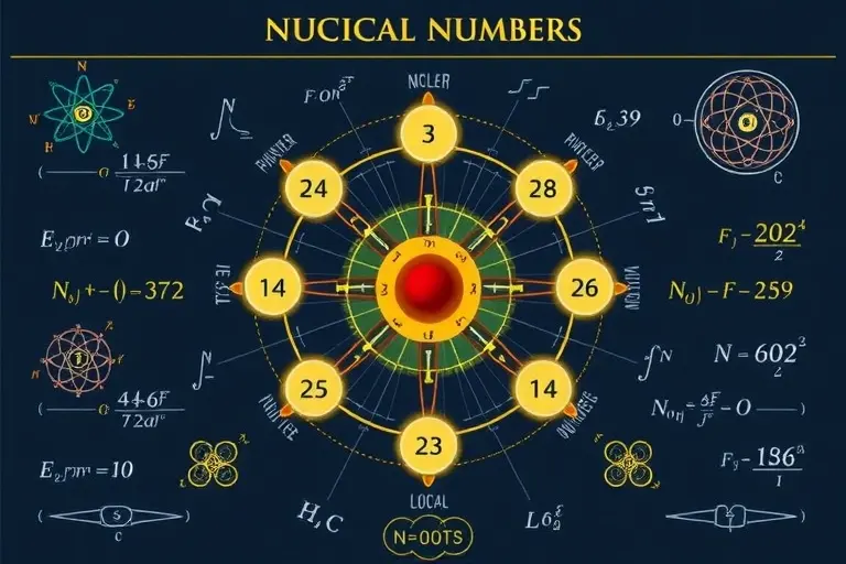 A scientific illustration showing nuclear physics concepts with magical numbers, featuring a stylized atomic nucleus diagram with highlighted magic numbers like 2, 8, 20, 28, 50, 82, and 126, surrounded by elegant mathematical symbols and physics equations, rendered in a clean, high-quality educational style with precise lines and clear labels, no text or numbers visible on the image itself