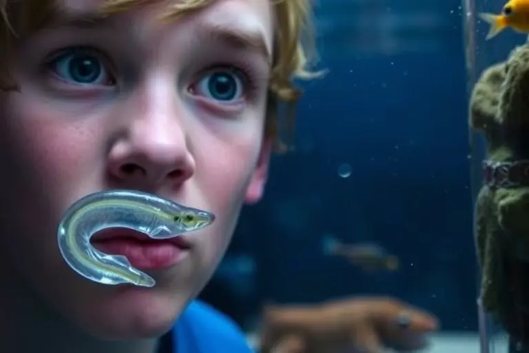 A close-up of a curious child looking at a small electric eel in a clear aquarium, with soft lighting highlighting the eel's translucent body and the child's wide-eyed expression, no text or numbers visible