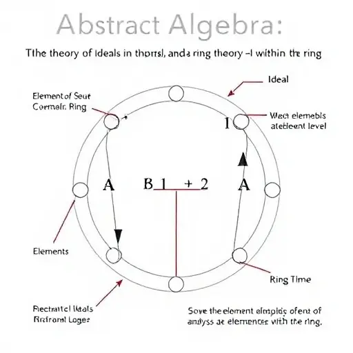 A visual representation of abstract algebra concepts, specifically focusing on the theory of ideals in ring theory and algebraic numbers. The image should depict a ring structure with elements and ideals represented as interconnected geometric shapes or nodes. Highlight the constraints and limitations of analysis at the element level within the ring. Use a minimalist and precise style to convey the mathematical relationships and abstract nature of the concepts.