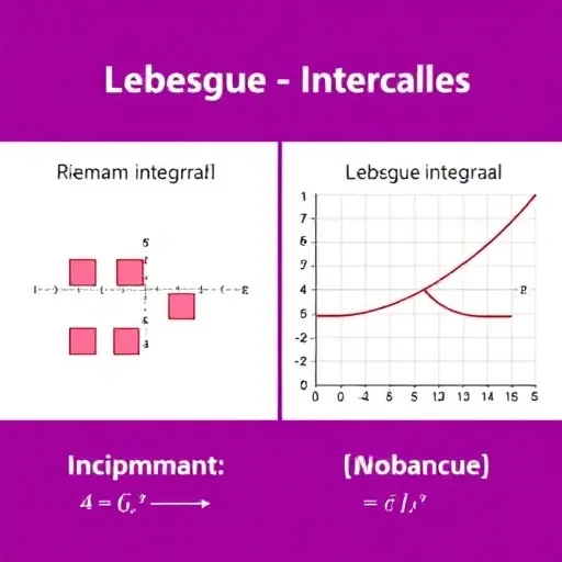 A visual representation comparing Riemann and Lebesgue integrals. The image should be split into two distinct halves. The left half depicts the Riemann integral with a function plotted under a series of rectangles of varying widths, emphasizing the approximation of the area. The right half depicts the Lebesgue integral with a function plotted and the area under the curve being divided into smaller, more numerous intervals, highlighting the concept of measure. Use color coding to differentiate th
