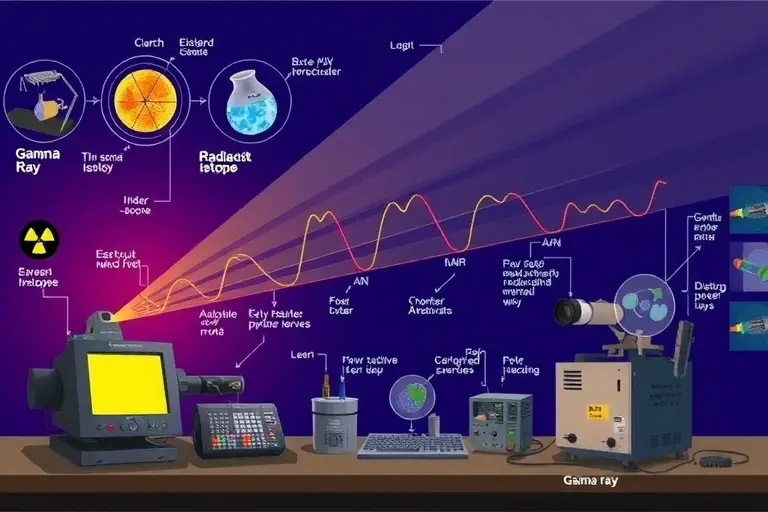 A detailed, scientific illustration depicting gamma-ray spectroscopy analysis of radioactive materials. Include various types of radioactive isotopes, their characteristic emission spectra, and the equipment used for gamma-ray detection and analysis (e.g., gamma spectrometer). The image should convey the process of identifying and quantifying radioactive substances.