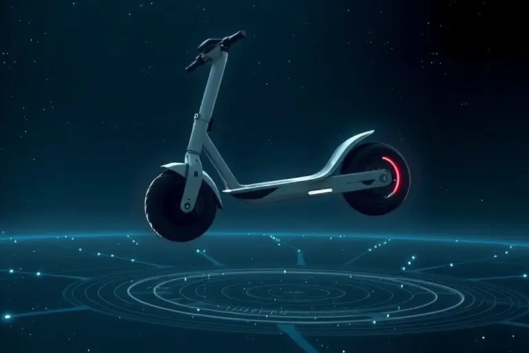 A futuristic self-balancing electric scooter floating in mid-air, surrounded by subtle physics-based visual effects like distorted spacetime ripples and quantum particle trails, against a dark cosmic background with faint starlight, highly detailed, cinematic lighting