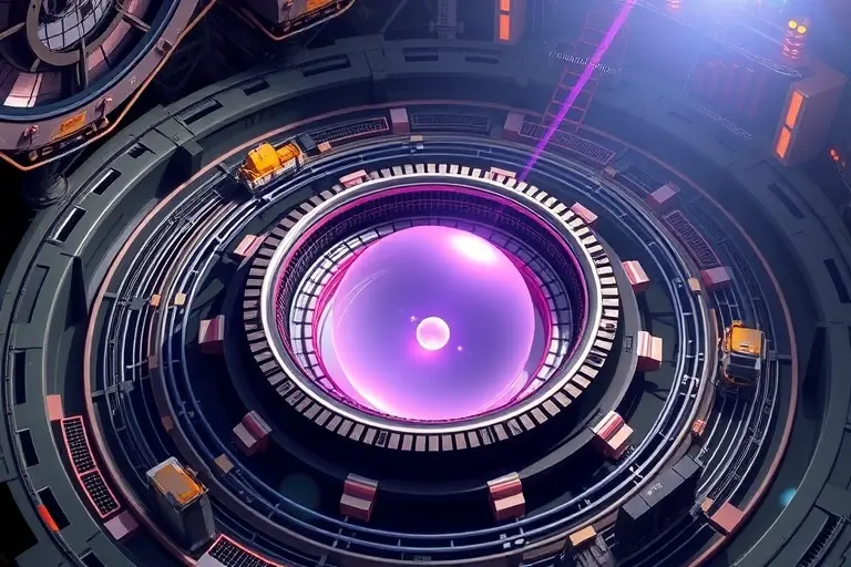A stylized illustration of a high-energy physics experiment searching for a dark photon and a fifth fundamental interaction. The scene shows a large, modern particle detector with concentric layers of tracking chambers and calorimeters, surrounded by a magnetic field visualized as subtle, swirling lines. In the center, a faint, translucent photon-like particle (the dark photon) is depicted as a glowing, semi-transparent sphere emitting a subtle, violet light, indicating its weak interaction with