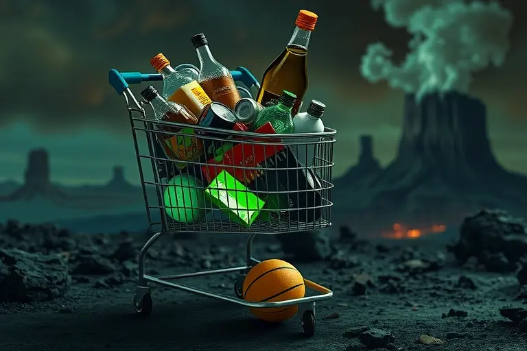 A surreal image depicting a shopping cart overflowing with various items, some glowing with an unnatural green light. The background features a stylized, volcanic landscape with smoke and strange rock formations. The overall atmosphere should be unsettling and dreamlike.