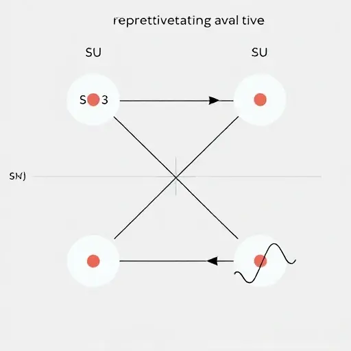 A conceptual illustration of group representation theory applied to quantum systems, showing abstract symmetry groups (like SO(3) or SU(2)) acting on quantum states represented as vectors in a Hilbert space, with selection rules visualized as allowed transitions between energy levels marked by arrows, using clean geometric forms and subtle wavefunction patterns, no text or labels
