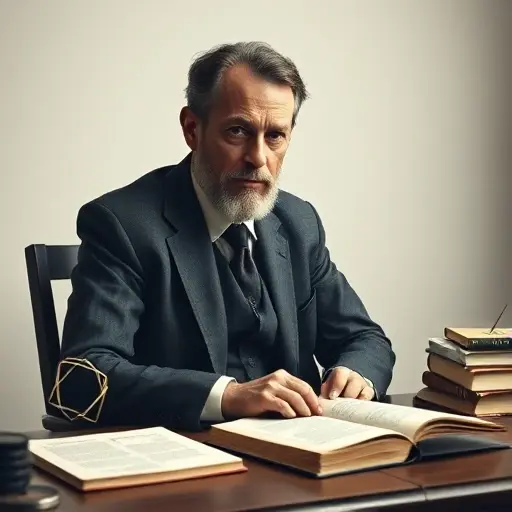 A contemplative portrait of L. E. J. Brouwer, the founder of intuitionism, sitting at a desk with mathematical symbols and philosophical texts around him. The setting should evoke a sense of deep thought and intellectual pursuit, with soft lighting and a minimalist background.