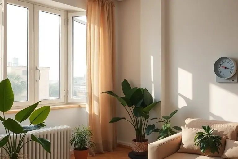 A modern apartment interior during extreme heat, with natural ventilation through open windows, indoor plants, light-colored curtains gently blowing, a fan circulating air, and a thermometer showing high temperature outside, no air conditioning units visible, serene and calm atmosphere