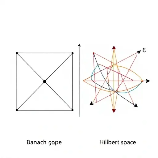 Abstract geometric representation of Banach and Hilbert spaces. Depict two distinct spaces, one with a clear parallelogram structure representing Banach space properties, and the other with a more subtle, interwoven structure representing Hilbert space properties. Use contrasting colors and visual cues to differentiate the spaces. Include arrows indicating orthogonality in the Hilbert space. Focus on the geometric relationships and differences between the two spaces, avoiding any specific mathem