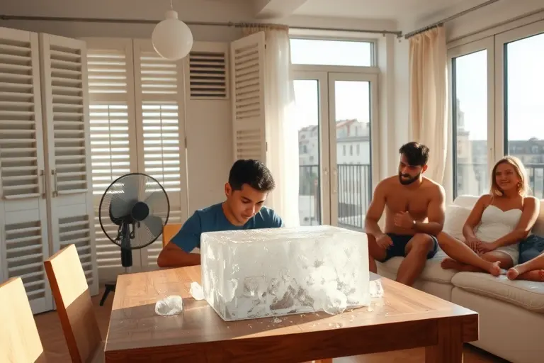 A modern apartment interior during extreme heat, with shutters partially closed to block sunlight, a large block of ice melting on a wooden table, a fan blowing cool air, and people dressed lightly enjoying the relief, natural daylight filtering through windows, no visible air conditioners or modern cooling devices