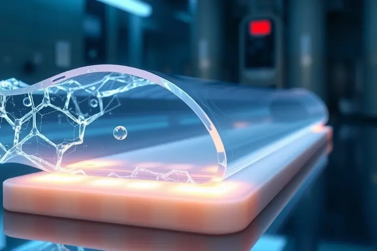 A futuristic laboratory scene showing a close-up of a flexible, translucent elastic polymer adhesive bonding two superconducting materials, with visible crystalline lattice structures and faint blue electrical currents flowing through the interface, soft glowing highlights indicating zero resistance, microscopic polymer chains stretching and reforming under stress, all rendered in high detail with scientific accuracy and a clean, modern aesthetic
