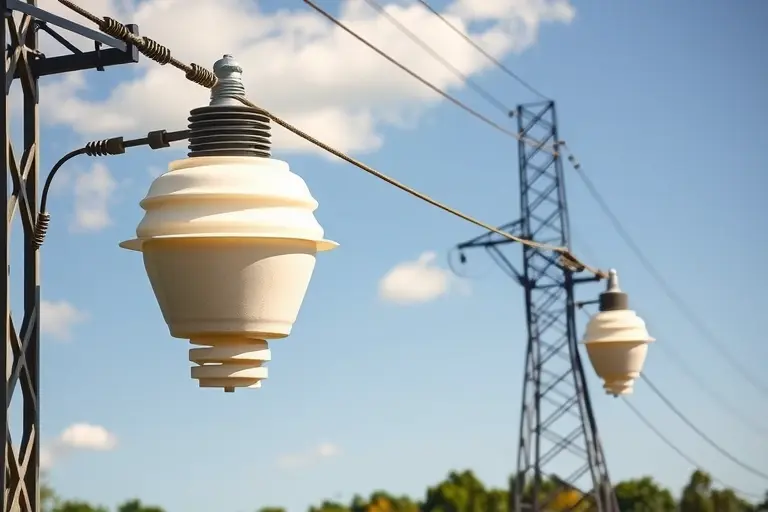 A high-voltage transmission line with large porcelain insulators shaped like a bell or disc, standing on a metal tower in a sunny outdoor setting, realistic details, no text or symbols on the insulators
