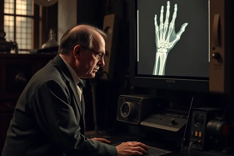 Wilhelm Conrad Röntgen in his laboratory, quietly observing a glowing screen illuminated by invisible X-rays, with a faint outline of a hand bone structure projected on the screen, vintage scientific equipment around him, dim ambient lighting, historical atmosphere