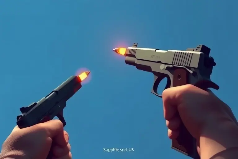 A dramatic and realistic illustration of a handgun firing a bullet into a clear blue sky, showing the muzzle flash and the trajectory of the bullet ascending, with no visible text or numbers, focusing on the physics of the shot and the atmospheric perspective