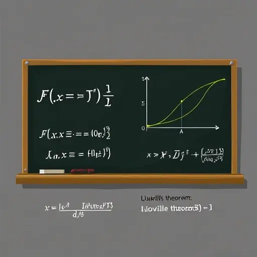 depict a stylized blackboard with abstract algebraic symbols, a diagram of a closed curve in the complex plane, a function mapping, and a representation of Liouville's theorem, all in a conceptual, artistic style, no text or numbers