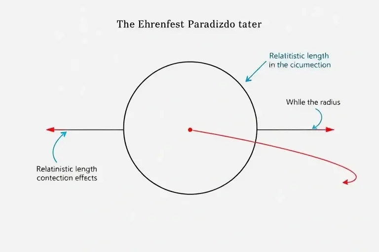 A visual representation of the Ehrenfest paradox, showing a rotating disk with relativistic length contraction effects on the circumference, while the radius remains unchanged, illustrating the contradiction in classical and relativistic geometry. The scene is set in a minimalist scientific diagram style with subtle motion lines to indicate rotation, no text or labels.