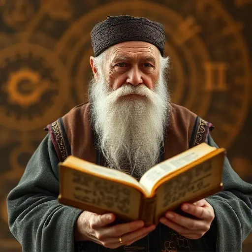 A small, highly detailed portrait of a wise elderly man with a long white beard, wearing traditional Russian folk attire, holding an ancient open book with intricate handwritten text, surrounded by faint glowing mathematical symbols and geometric patterns, soft warm lighting, hyperrealistic textures, cinematic depth of field