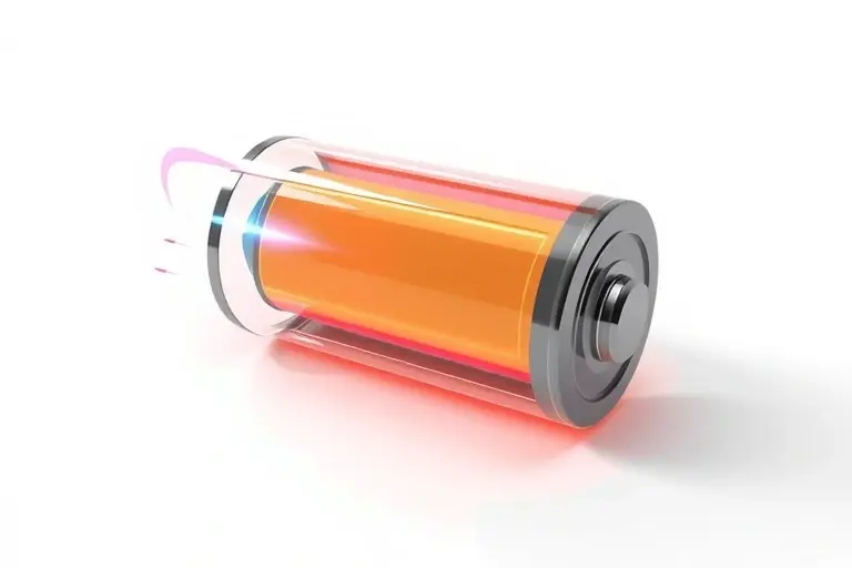 A high-quality scientific illustration showing a lithium-ion battery cell with visible MAX-phase material being charged rapidly, featuring sleek futuristic design, clean white background, scientific accuracy, no text or numbers on image