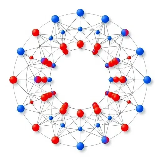 A stylized, abstract illustration of a commutative ring structure: a circular lattice of interconnected nodes representing ring elements, with distinctively colored nodes to signify prime elements (e.g., bright red) and irreducible elements (e.g., deep blue). The diagram should include branching factorization trees emanating from composite nodes, showing unique factorization paths. Use subtle gradients and soft lighting to give depth, while keeping the composition clean and uncluttered. No textu