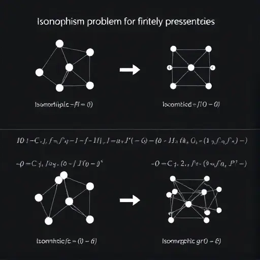 A visual representation of the isomorphism problem for finitely presented groups, depicting abstract group structures and their transformations. Show interconnected nodes and edges to symbolize group elements and their relationships. Use geometric shapes and arrows to illustrate the mapping between isomorphic groups. Include a subtle background of mathematical symbols and equations to emphasize the theoretical context.