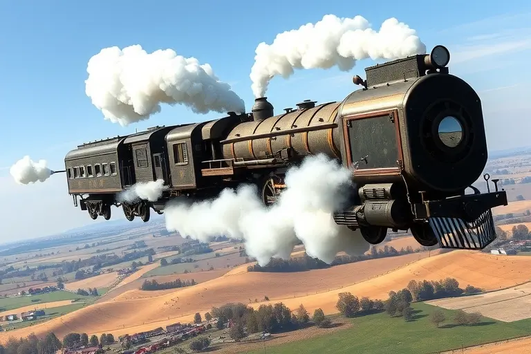 A futuristic steam-powered flying train, known as a 'Parovoz', hovering above a landscape with a mix of Victorian-era and advanced technology elements. The train should have large steam vents emitting clouds of steam, with intricate mechanical details and a sleek, aerodynamic design. The background should feature a scenic countryside with rolling hills and a clear blue sky, emphasizing the contrast between the old and new technology.