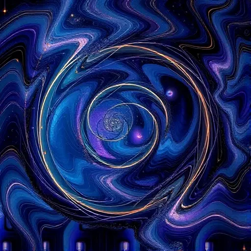 Abstract visualization of Hamiltonian systems and KAM theory. Depict swirling, interconnected patterns representing chaotic motion and stability. Include subtle geometric shapes hinting at invariant tori. Use a color palette of deep blues, purples, and hints of gold to represent energy and stability. Focus on the interplay of order and disorder.