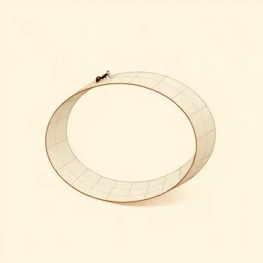 A detailed illustration of a Möbius strip with a continuous path drawn along its surface, showing that an ant walking along the center line returns to its starting point having traversed both 'sides' without crossing an edge, emphasizing its non-orientable topology; include subtle grid lines on the surface to highlight the twist, rendered in a clean, minimalist scientific diagram style with soft lighting and neutral background