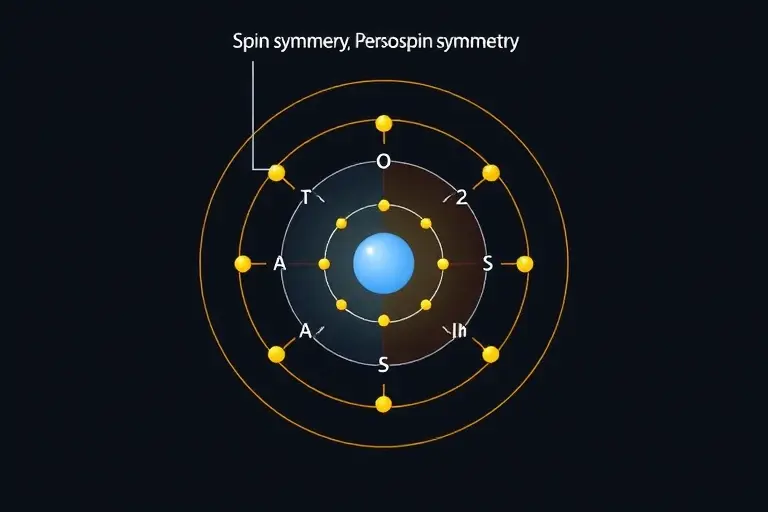 A scientific illustration depicting the transition from spin symmetry to pseudospin symmetry in nucleons within an atomic nucleus, showing nuclear shells with energy levels, nucleon spins represented as arrows, and a subtle gradient indicating the shift from spin-based to pseudospin-based interactions, abstract and clean, no text or labels