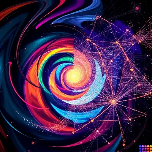 Abstract representation of quantum mechanics transitioning from classical analysis to integral calculus. Depict a swirling vortex representing classical physics gradually merging with a complex, interconnected network of lines and nodes symbolizing integral calculus and quantum probabilities. Use vibrant, contrasting colors to highlight the shift.