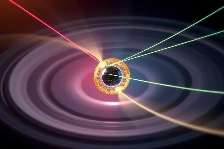 A high-quality scientific illustration showing a neutrino interacting with an atomic nucleus, with wave-like neutrino beams scattering elastically off the nucleus, visualized as smooth, flowing ripples or waves emanating from the nucleus, representing coherent elastic neutrino-nucleus scattering, with a clean, detailed, and realistic style suitable for a physics journal, emphasizing the coherent wave nature of the interaction