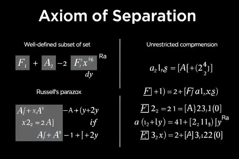 A visual representation of the concept of the Axiom of Separation in ZFC set theory and Russell's paradox, showing a clear distinction between a well-defined subset of a set and the paradoxical unrestricted comprehension, with abstract mathematical symbols and set diagrams, no text or numbers