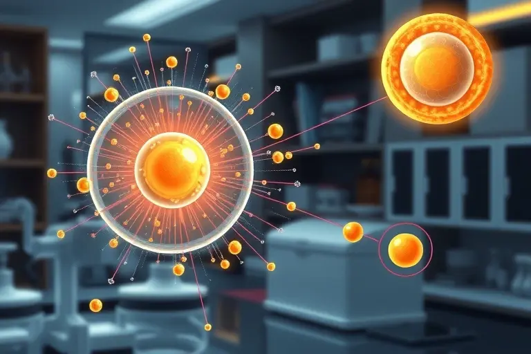 A detailed, scientific illustration depicting the decay of a tellurium-104 nucleus. Show the nucleus with its constituent protons and neutrons, and depict the decay process as a burst of particles (alpha, beta, gamma) emanating from the nucleus. Include visual representations of the resulting daughter nuclei. The background should be a clean, laboratory setting with scientific equipment subtly visible.