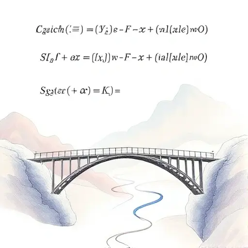 A visually appealing representation of the Cauchy-Kowalevskaya theorem. Depict a mathematical equation with elegant symbols and notation, interwoven with a visual metaphor representing the theorem's core concept – perhaps a bridge connecting different mathematical spaces or a smooth, continuous path through a complex landscape. The overall composition should convey a sense of mathematical elegance and interconnectedness.