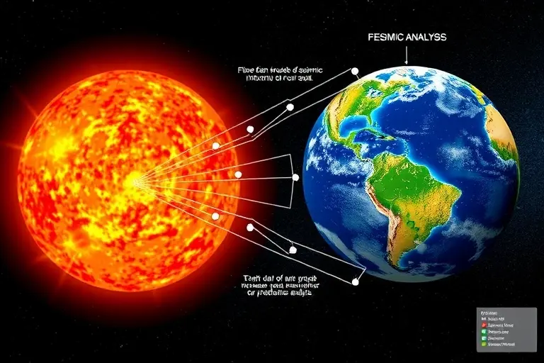 A detailed scientific illustration showing the connection between solar activity and seismic processes on Earth. The image should depict the Sun with visible solar flares and sunspots, and Earth with tectonic plates and seismic activity indicators. Include visual representations of data streams and cosmic weather information being used for predictive analysis.