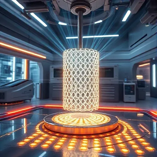 A futuristic laboratory scene showing a glowing photon sieve device that appears to defy physics, with beams of light forming intricate lattice patterns, sleek high-tech equipment, and a sense of wonder