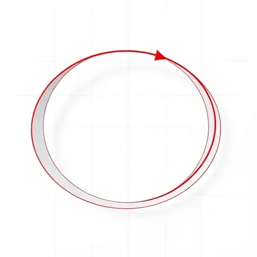 A detailed illustration of a Möbius strip with a continuous red arrow tracing its surface to demonstrate non-orientability, showing how the normal vector flips direction after one full loop, set against a clean white background with subtle grid lines for spatial reference, emphasizing topological properties and symmetry breaking of the surface normal