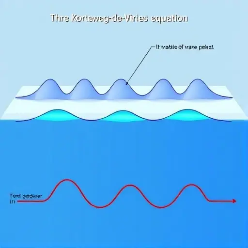 A visual representation of the Korteweg-de Vries equation. Depict a series of waves propagating across a flat surface. The waves should exhibit varying steepness, with some waves having a sharp, curved front and others having a more gradual slope. Illustrate the effect of the nonlinear term causing the wave front to become steeper. Use color gradients to show the wave amplitude and wavelength.