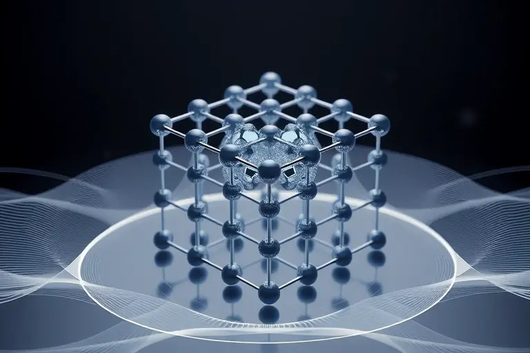 A two-dimensional scientific system with abstract quantum particles interacting in a lattice structure, representing experimental confirmation of the Kondo effect, surrounded by subtle wave patterns and field lines to symbolize fundamental theoretical insights, minimalistic and clean scientific visualization