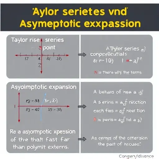 A visual representation comparing Taylor series and asymptotic expansions. Depict a function with a clear graph. Show the Taylor series as a polynomial approximation near a point, with increasing terms. Show the asymptotic expansion as a series with terms that decay faster than polynomial terms, illustrating the behavior of the function far from the point of expansion. Use different colors to distinguish the terms in each series. Include a visual indicator of convergence/divergence for each seri