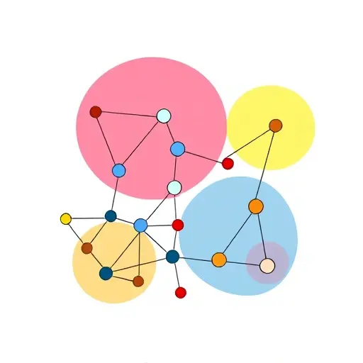 A stylized representation of a graph with nodes as colored circles and edges as lines, overlaid with translucent colored regions representing open sets in Alexandrov topology. The image shows a clear correspondence: each node is highlighted within its associated open set, and the open sets are arranged to illustrate their inclusion relationships. The style is minimalistic yet detailed, with a subtle background to emphasize the graph structure.