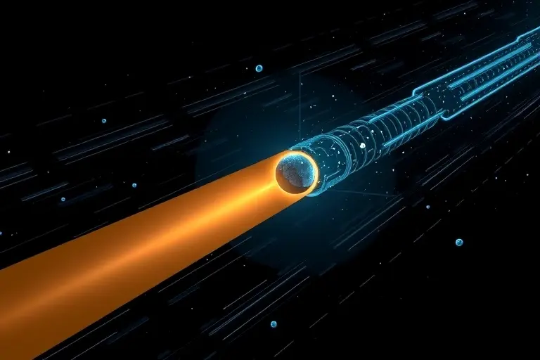A high-quality scientific illustration showing coherent elastic neutrino-nucleus scattering, with a neutrino beam interacting with a dense nucleus, producing a recoiling nucleus depicted as a small, bright sphere moving away, surrounded by subtle wave-like patterns to indicate scattering, clean background, no text or symbols, emphasizing the elastic recoil motion