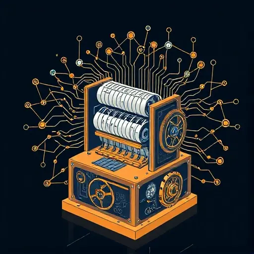 A detailed illustration of a theoretical computer science concept showing a Turing machine with an infinite tape and abstract representation of recursively enumerable sets as a cloud of interconnected nodes surrounding the machine, with stylized gears and circuit patterns, all rendered in a sleek, high-quality smallHQ style, without any textual labels or numeric symbols
