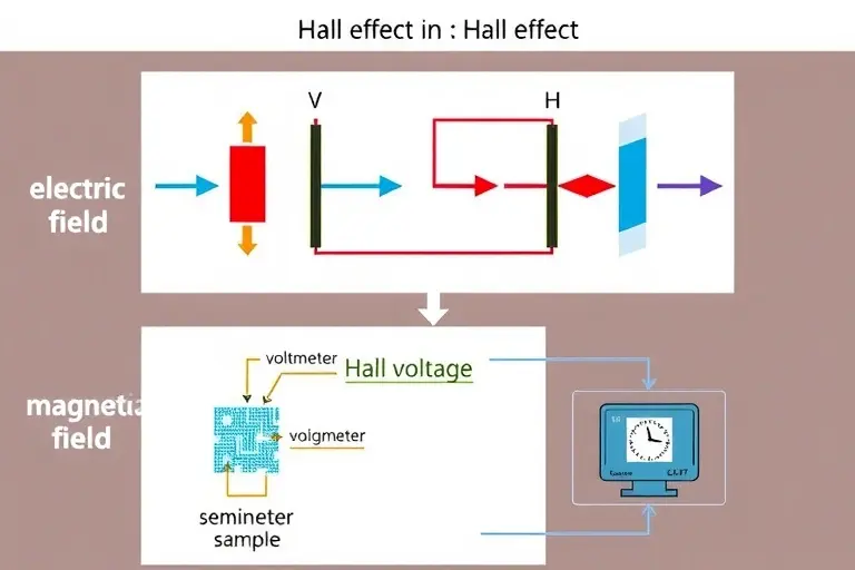 A scientific visualization depicting the Hall effect in a semiconductor material. Show the flow of charge carriers (electrons or holes) under the influence of a magnetic field, with clear arrows indicating the direction of the electric field, magnetic field, and resulting Hall voltage. Include a schematic of the experimental setup with labeled components such as the semiconductor sample, current source, magnetic field source, and voltmeter. Use a clean, technical style with a focus on clarity an