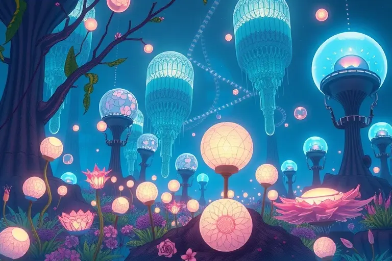 A vibrant and detailed illustration depicting a futuristic garden filled with glowing, bioluminescent plants and unusual, organically shaped structures. The plants should have a slightly alien appearance, with soft, pulsating light. The overall atmosphere should be serene and otherworldly, suggesting a harmonious blend of nature and technology. Focus on intricate details of the plants and structures.
