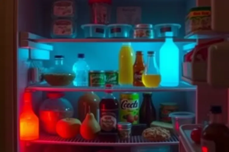 A refrigerator filled with various food items, some of which appear to be subtly glowing or have an unusual color. The scene should evoke a sense of scientific experimentation and potential danger, but also a slightly unsettling curiosity. Focus on the food items and the refrigerator itself, with a slightly blurred background.