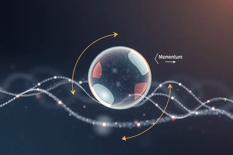 A nanoscale particle suspended in a vacuum, surrounded by subtle quantum fluctuations visualized as faint, shimmering virtual particle-antiparticle pairs popping in and out of existence near its surface, with delicate arrows indicating momentum transfer from vacuum friction causing quantum braking — the particle slowly decelerating due to interaction with the quantum vacuum, rendered in a clean, high-detail scientific illustration style with soft glowing quantum effects and minimal background