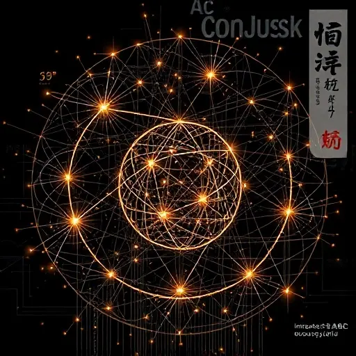 An abstract mathematical visualization representing the ABC conjecture and Shinichi Mochizuki's proof, featuring intricate interwoven symbolic structures resembling number theory diagrams, elliptic curves, and modular forms, with glowing nodes and connections suggesting deep logical layers, set against a dark, scholarly background with subtle hints of Japanese calligraphy elements integrated into the design, evoking innovation and intellectual depth
