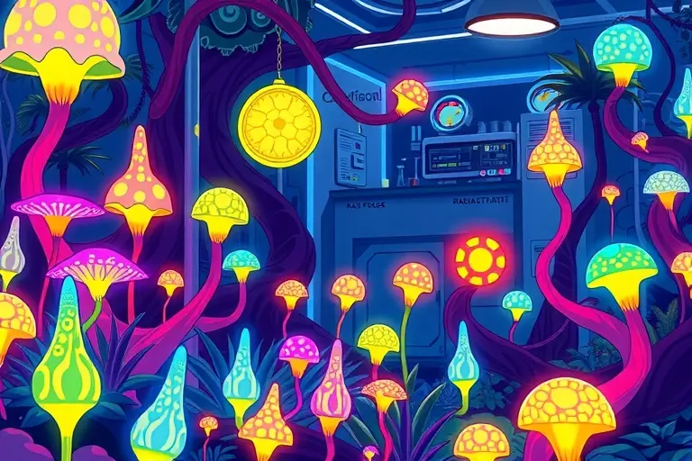 A vibrant, stylized illustration depicting a futuristic garden filled with glowing, bioluminescent plants and unusual, organically shaped structures. The plants should have a slightly alien appearance, with pulsating colors and intricate patterns. In the background, a sleek, minimalist laboratory with glowing equipment is visible. The overall atmosphere should be one of wonder and scientific discovery, hinting at the cultivation of radioactive materials in a controlled environment.