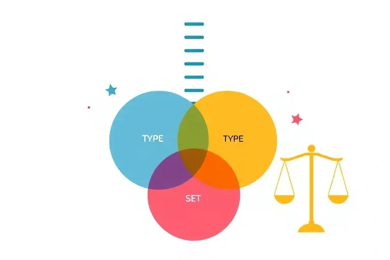A stylized illustration depicting a Venn diagram of overlapping sets representing paradoxical concepts such as Russell's set, with a hierarchical ladder of types rising above the diagram to symbolize the type hierarchy that resolves contradictions, and a balanced scale in the background indicating logical consistency, all rendered in a clean, modern aesthetic without any textual elements