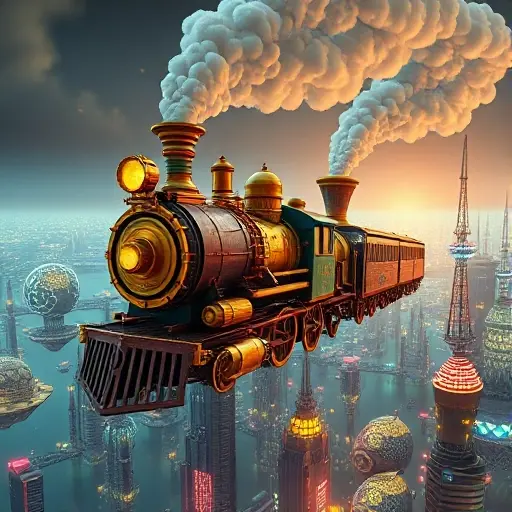 A whimsical steampunk locomotive with oversized brass gears and glowing steam vents, soaring above a futuristic cityscape of floating islands and neon-lit towers, rendered in a smallHQ style with vibrant colors and intricate mechanical details